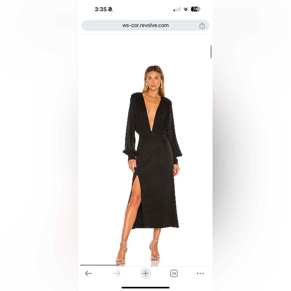 Deep v neck Ellejay black dress with subtle memoirs black print.